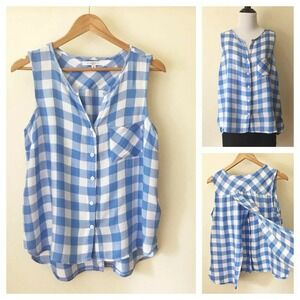 Fever sleeveless blue & white checkered tank top size medium open back buttons